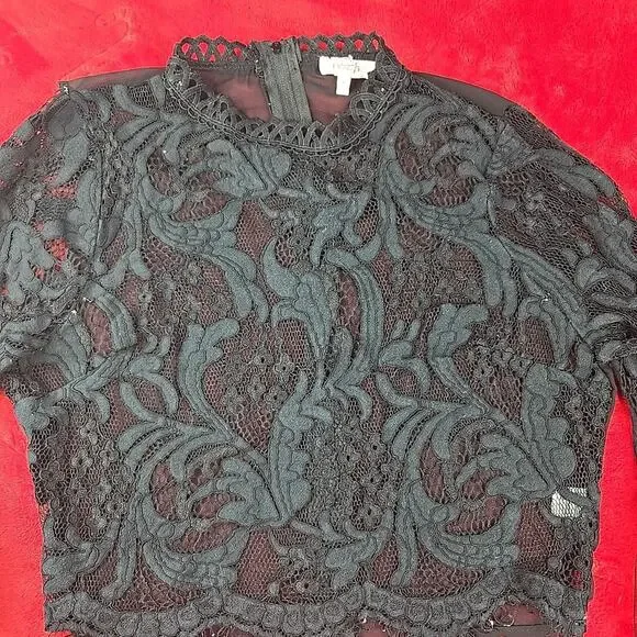 Peach Black Sheer Lace Blouse Floral Scalloped Trim Whimsigoth Coquette Size M - Picture 2 of 16